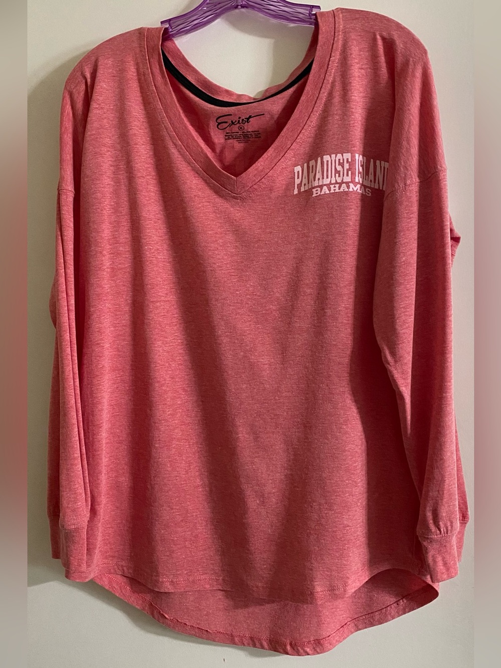 Exist Long-Sleeve V-Neck Top in Coral Pink with Paradise Island Graphic